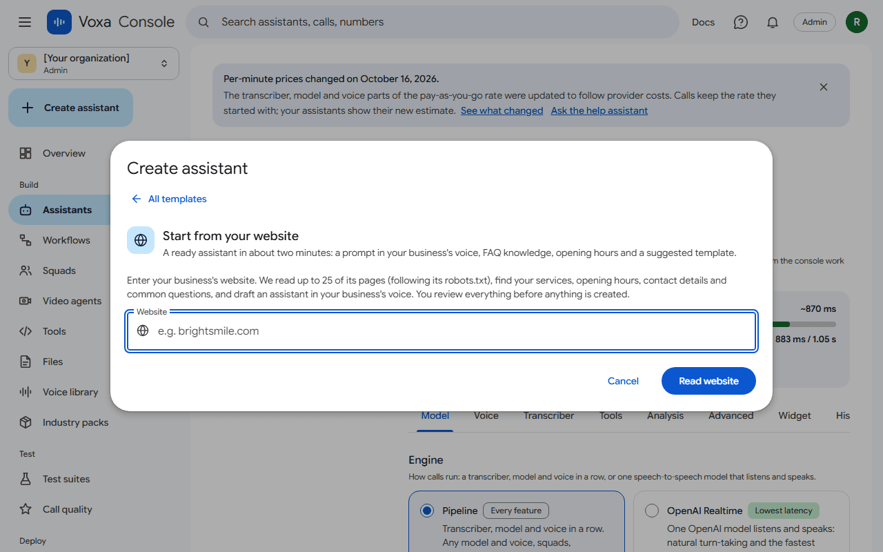 The console's Create assistant dialog with the Start from your website option