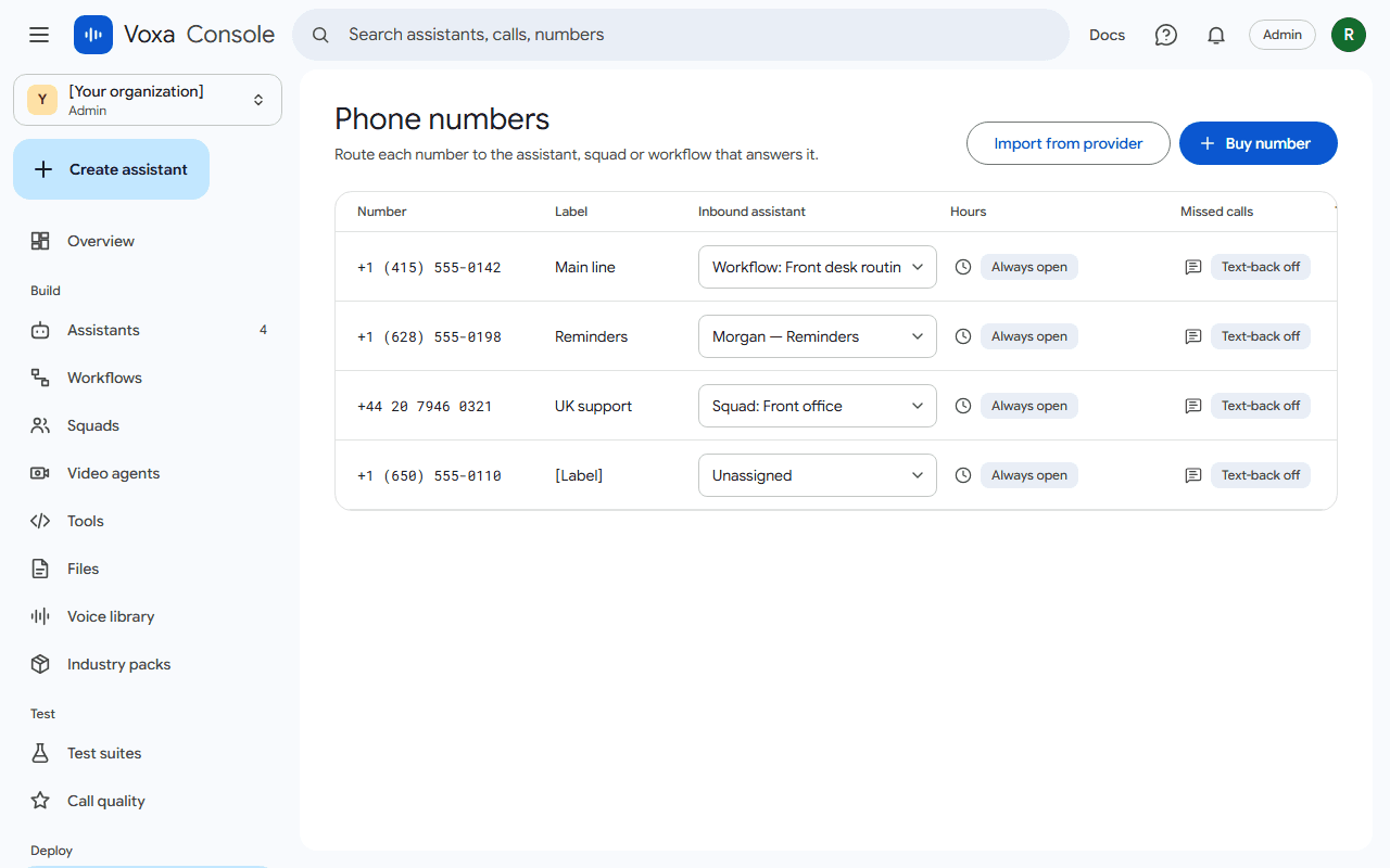 The Phone numbers page listing numbers and the assistant each one routes to