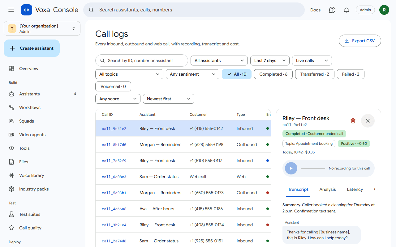 The Calls page with a call's transcript, analysis and cost